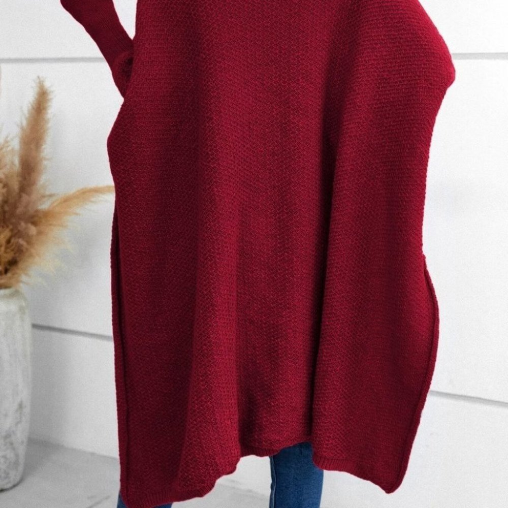 Oversized Mock Neck Dolman Sleeve High Low Hem Burgundy Sweater - Picture 3 of 4